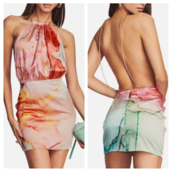 Retrofete Dresses & Skirts - RETROFETE Anahita Marble Print Halter Open Back Silk Dress